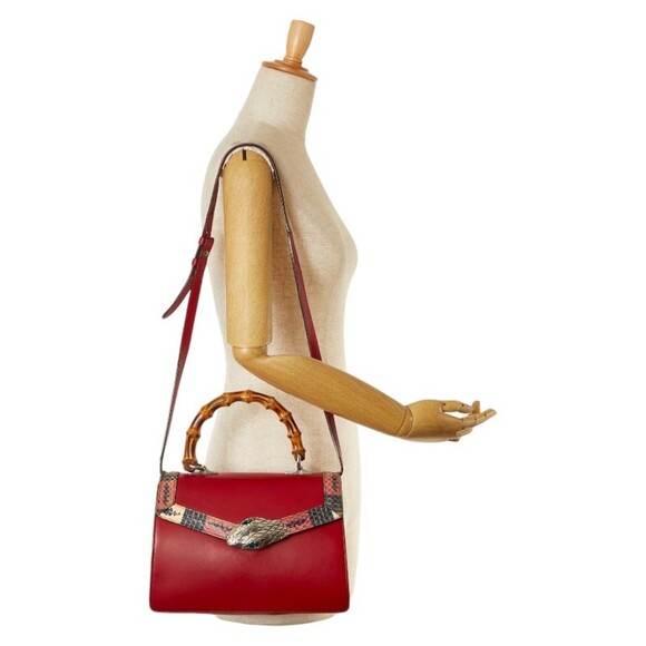 GUCCI Red Leather Bamboo Shoulder Bag - Picture 7 of 7